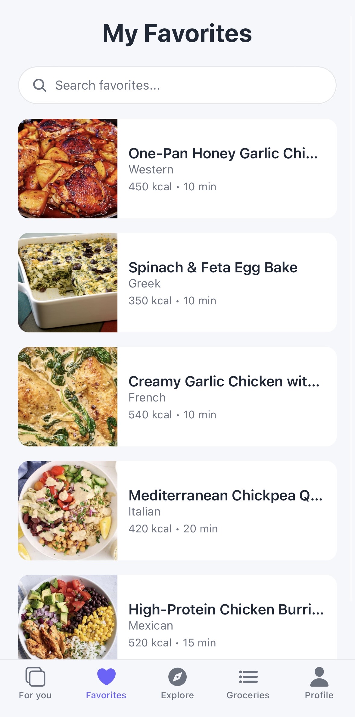 StackedMeals favorites screen
